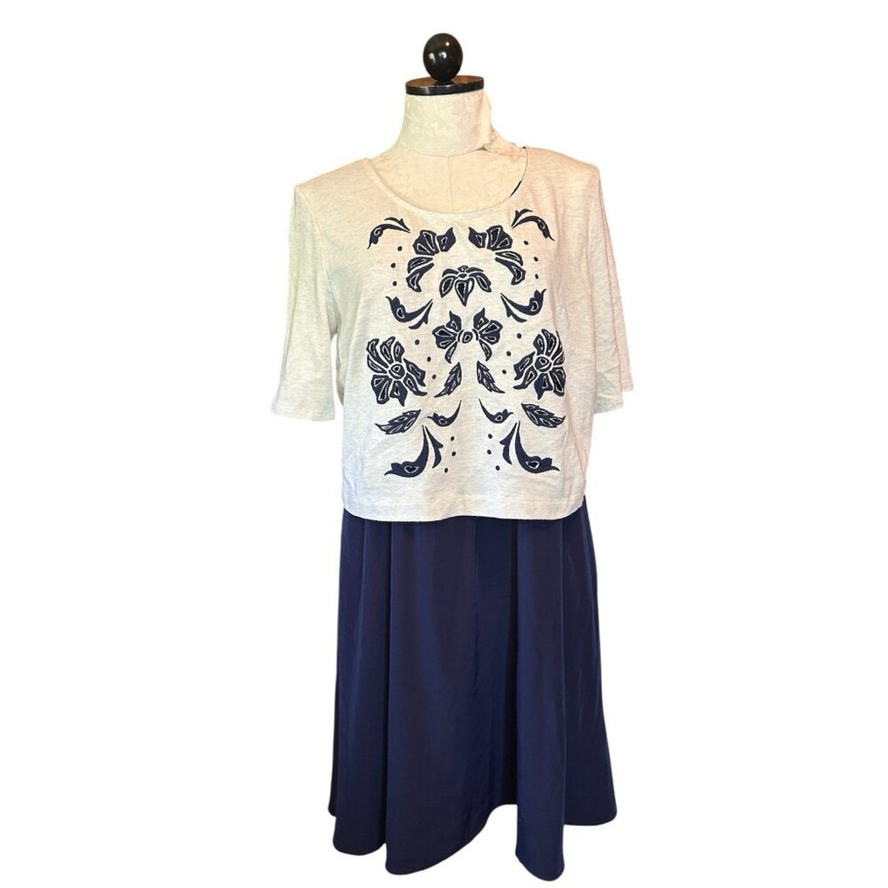 Lilka Women’s Elise Floral Embroidered Short Sleeve Dress Sz L Cream Navy Blue